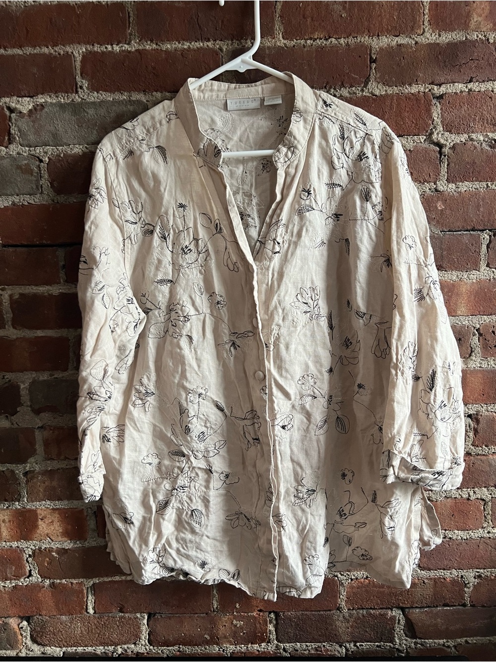 Light Cream Floral Embroidered Linen Shirt Jacket Vintage Tweeds Cottage Sz 1X